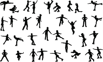 A set of silhouettes of young figure skaters skating on ice. Girls and boys learning figure skating. Vector illustration.