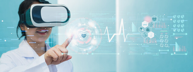 Metaverse futuristic digital technology medical health concept, doctor wearing best VR headset equipment using virtual interface analysis symptom of patient with artificial intelligence or AI.