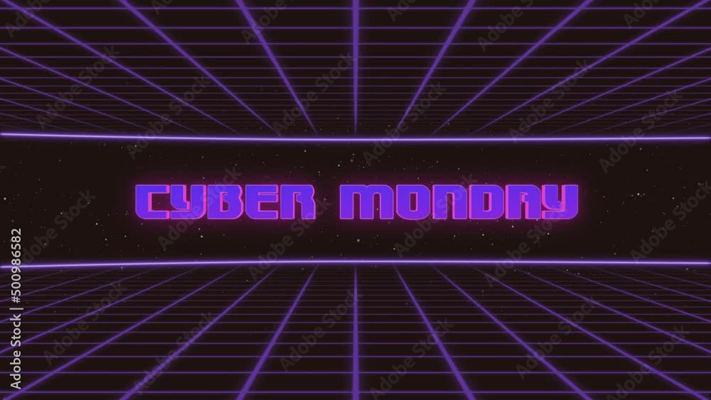 Poster cyber monday title animated retro futuristic 80s 90s style. animation squares and retro background