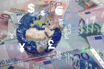 World ball on banknotes with currency sign include dollar euro yen yuan pound sterling for money transfer