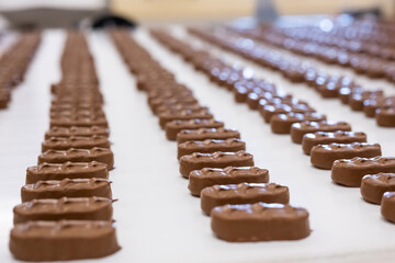 Production of chocolate bars. Confectionery factory.