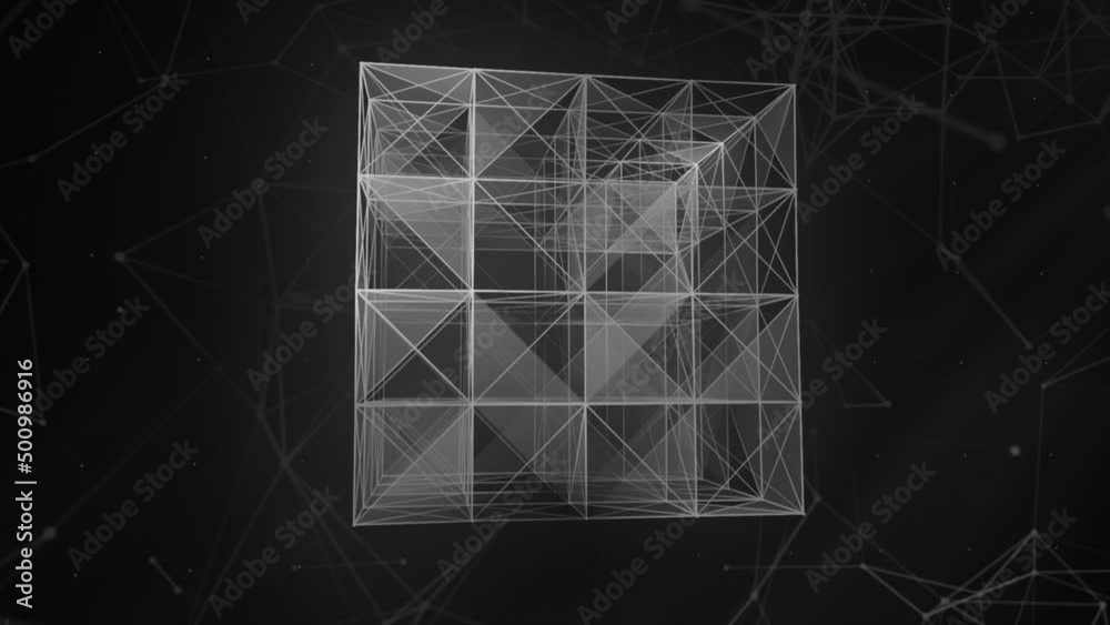 Poster abstract 3d cube of plexus matter on a blue background. motion. transforming cubic shape of lines an