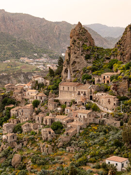 The abandoned village of Pentedattilo at sunset. Aspromonte, Calabria, Italy