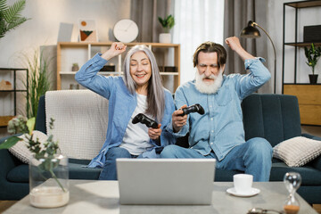 Pleasant old wife and her bearded husband gesturing from happiness during victory in video games. Happy senior caucasian couple sitting on couch with wireless joysticks in hands