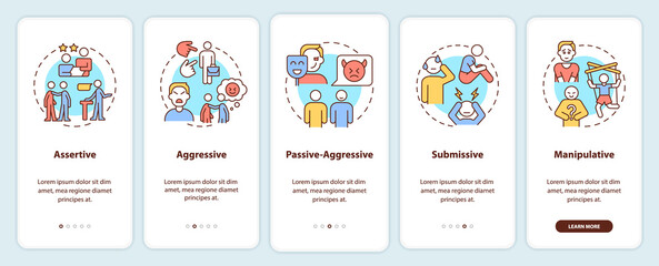 Communication styles onboarding mobile app screen. Assertive, aggressive walkthrough 5 steps graphic instructions pages with linear concepts. UI, UX, GUI template. Myriad Pro-Bold, Regular fonts used
