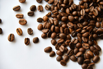 Coffee beans on a white background close-up