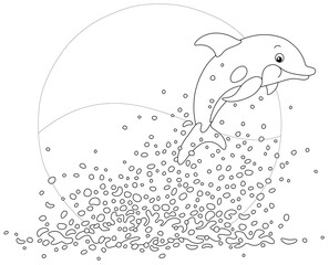 Merry playful little dolphin in splashes jumping out of water in a tropical sea, black and white vector cartoon illustration for a coloring book page