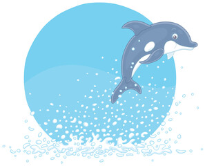 Merry playful little dolphin in splashes jumping out of water in a tropical sea, vector cartoon illustration isolated on a white background