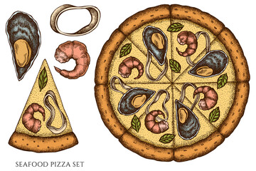Pizza hand drawn vector illustrations collection. Colored seafood pizza.