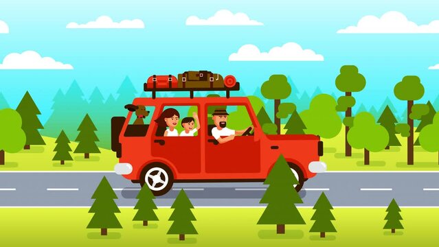 Family car trip on forest road. Looped animation.