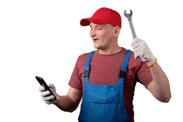 handyman with a wrench and a phone on a white background. master call concept