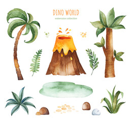 Cute dinos world collection. Watercolor set with palm trees,fern leaves,plants,volcano,succulents,stones and more.Perfect for baby shower,patterns,nursery decorations,invitations,party.