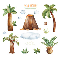 Cute dinos world collection. Watercolor set with palm trees,fern leaves,plants,volcano,clouds,stones and more.Perfect for baby shower,patterns,nursery decorations,invitations,party.