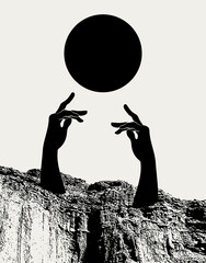 Vector hand drawn illustration of landscape with huge hands. Creative artwork. Template for card, poster, banner, print for t-shirt, pin, badge, patch.