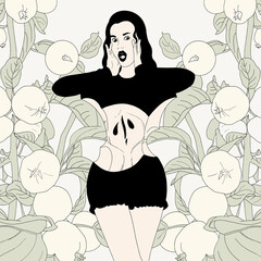 Vector hand drawn illustration of surreal girl with apple core instead waist. Creative artwork. Template for card, poster, banner, print for t-shirt, pin, badge, patch.