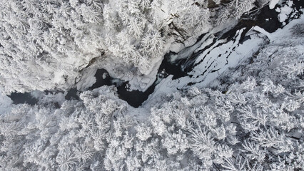 Campo Tures, Rio di Riva Valle dei Rio, Trentino Alto Adige (Italy).
Snow on the forest and on an iced river.
Drone photography.
