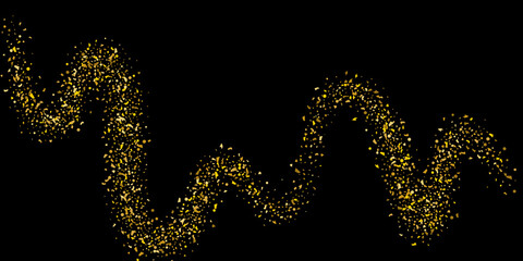 Golden glitter confetti on a black background. Illustration of a drop of shiny particles. Decorative element. Luxury background for your design, cards, invitations, gift, vip.