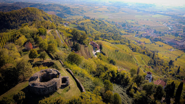 Castello del Monte Quarin, Cormons, Collio - Friuli Venezia Giulia (Italy).
Castle on the hills with wineyards in Autumn.
Drone photography.