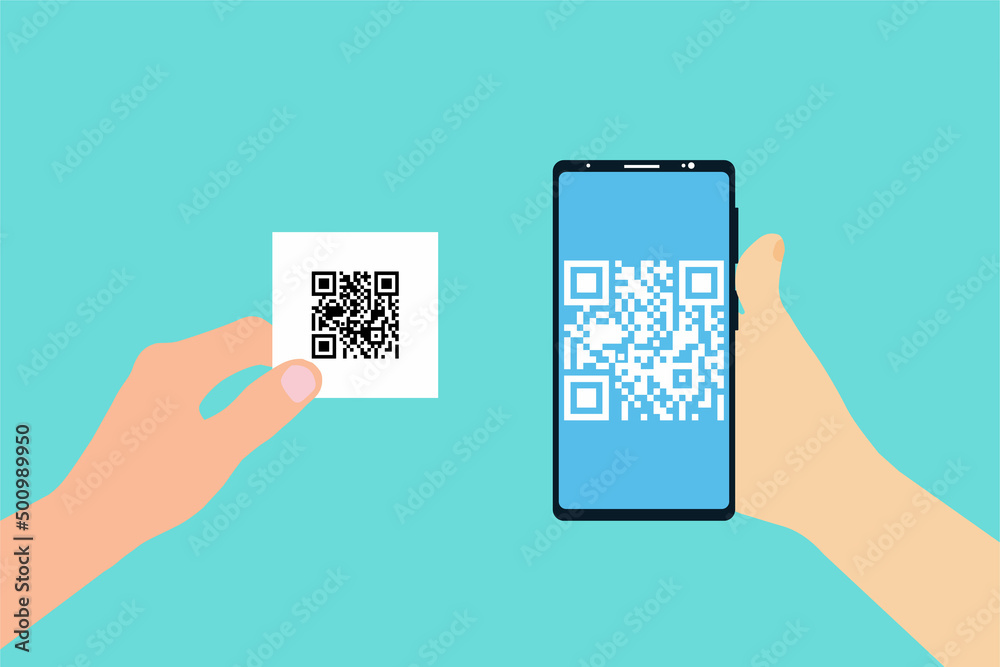 Poster scanning qr code inside mobile concept vector. hand holding a smartphone and scanning qr code. mobil