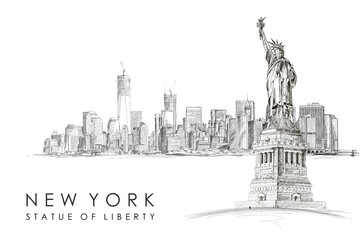 statue of liberty NEW YORK HAND DRAWING SKETCH PANORAMA POSTER LEAFLET - obrazy, fototapety, plakaty