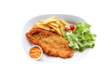 top view of fish and chips with french fries and salad isolated on white background
