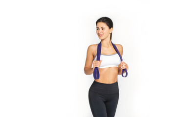 Fototapeta na wymiar motivated awesome slim woman exercising fitness resistance bands, full length side view photo.