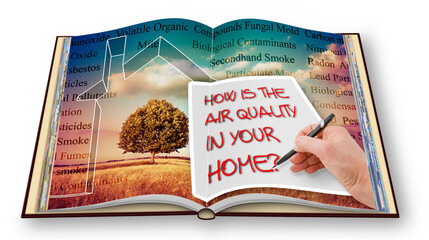 HOW IS THE AIR QUALITY IN YOUR HOME? - concept image with the most common dangerous domestic pollutants in our homes - 3D rendering