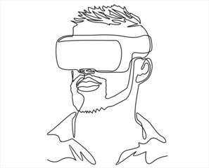 Continuous one line drawing Man in glasses device virtual reality