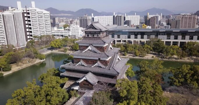 Drone footage of Hiroshima castle and surrounding area. Japan