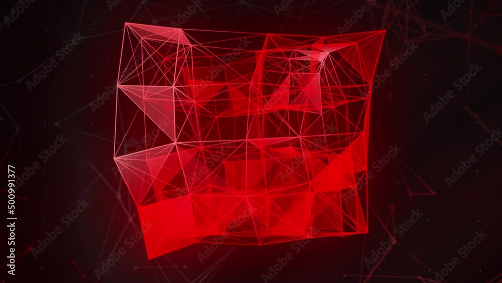 Poster abstract 3d cube of plexus matter on a blue background. motion. transforming cubic shape of lines an