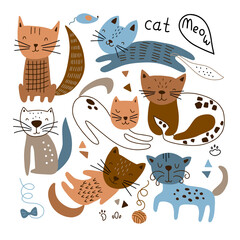 Set with cute cats in doodle style in different poses. Vector illustration isolated on white background.