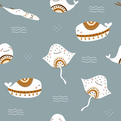 Seamless pattern with cute undersea inhabitants in boho style. Creative childish background. Perfect for kids apparel,fabric, textile, nursery decoration,wrapping paper.Vector Illustration