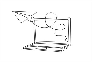 one line drawing of laptop computer with paper plane as business concept of startup