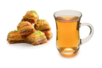 Turkish sweet baklava with turkish tea isolated on a white background. .