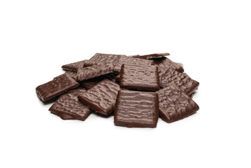 Dark chocolate candies isolated on white background.