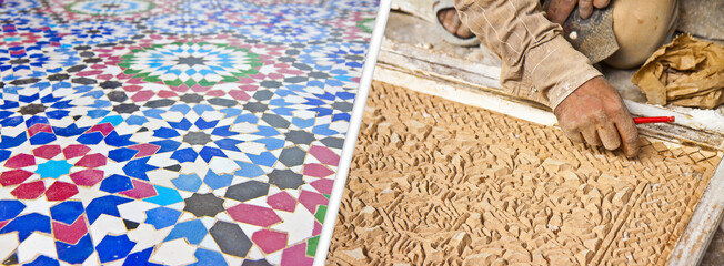 Skilled Moroccan craftsman builds a ceramic mosaic - On the right a work phase; on the left the...