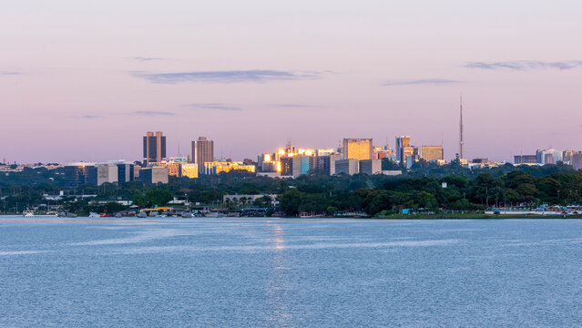 View of Brasilia city center at dawn.Shore of Lake Paranoa. Cityscape