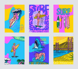  Surf Poster or banner. Retro Wave and palm. Summer California pins set. Man on the surfboard, beach and sea. Engraved emblem or logo hand drawn. Vintage Banner or poster. Sports in Hawaii.