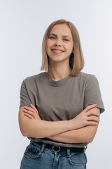 portrait of a young beautiful girl with braces, on a white background