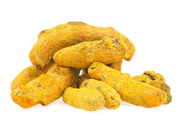 Pile of dried root of turmeric isolated on a white background. Organic and healthy food.