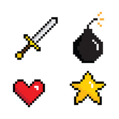 Fototapeta premium pixel sword, bomb, star, heart icon vector pixel art for 8 bit game