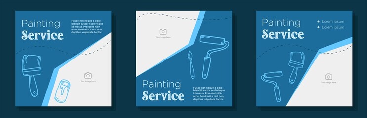 Home painting service social media post, banner set, paint brush and roller advertisement concept, house renovation marketing square ad, abstract print, isolated on background