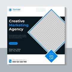 Creative Marketing Agency Banner Design, Modern Social Media Post Template, Web Banner, Facebook Post, Instagram Post, Blue Color