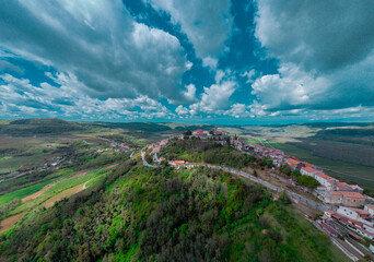 Wide Aerial drone panorama of magnificent village of Motovun in Croatian Istria on a sunny day with...