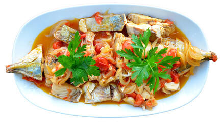 steamed fish with tomatea onian and garlic sauce