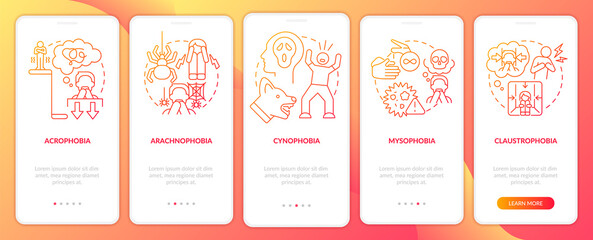 Most common phobias red gradient onboarding mobile app screen. Walkthrough 5 steps graphic instructions pages with linear concepts. UI, UX, GUI template. Myriad Pro-Bold, Regular fonts used