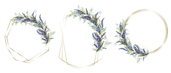 Vector floral set. Different polygonal and round frames, lavender flowers.
