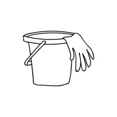 Laundry bucket with cleaning rubber gloves. Doodle bucket icon with rubber gloves. Bucket hand drawn illustration.
