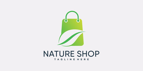 Nature shop icon logo for business company with bag and leaf Premium Vector