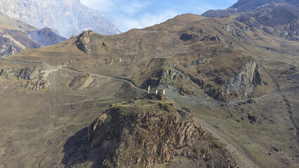 View of the ruined castle in the mountains of the Caucasus